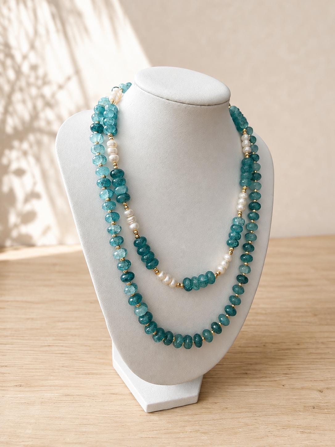 Blue Natural Stone Beaded Necklace, Ocean Inspired with Gold and Freshwater Pearl Option