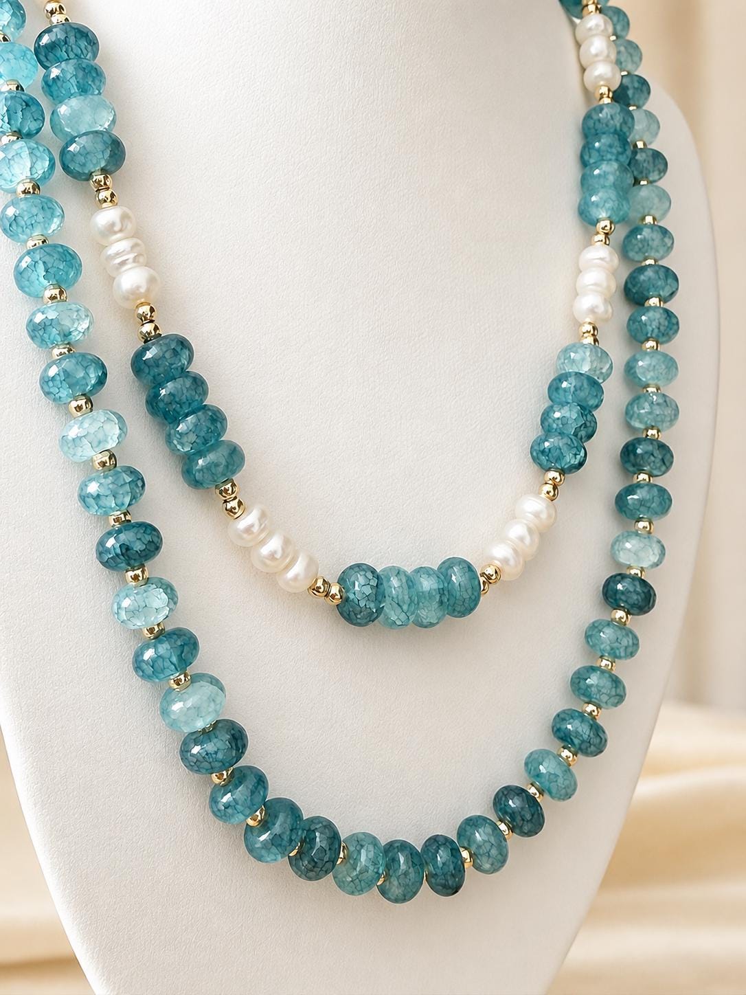 Blue Natural Stone Beaded Necklace, Ocean Inspired with Gold and Freshwater Pearl Option