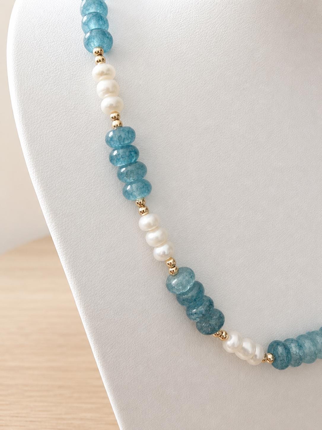 Blue Natural Stone Beaded Necklace, Ocean Inspired with Gold and Freshwater Pearl Option