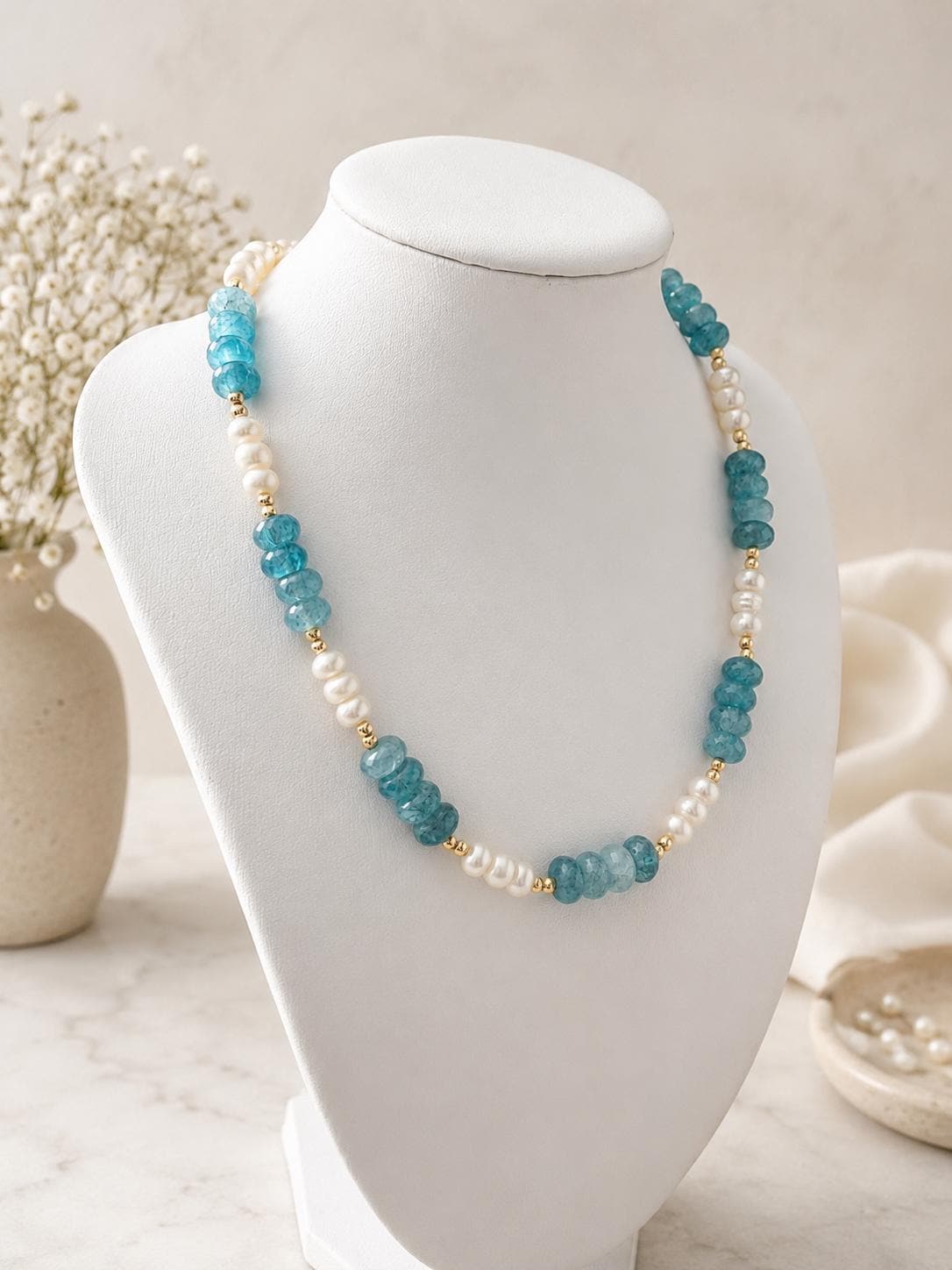Blue Natural Stone Beaded Necklace, Ocean Inspired with Gold and Freshwater Pearl Option