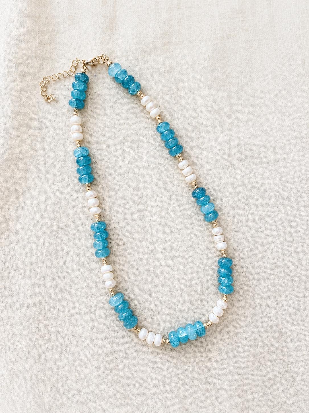 Blue Natural Stone Beaded Necklace, Ocean Inspired with Gold and Freshwater Pearl Option