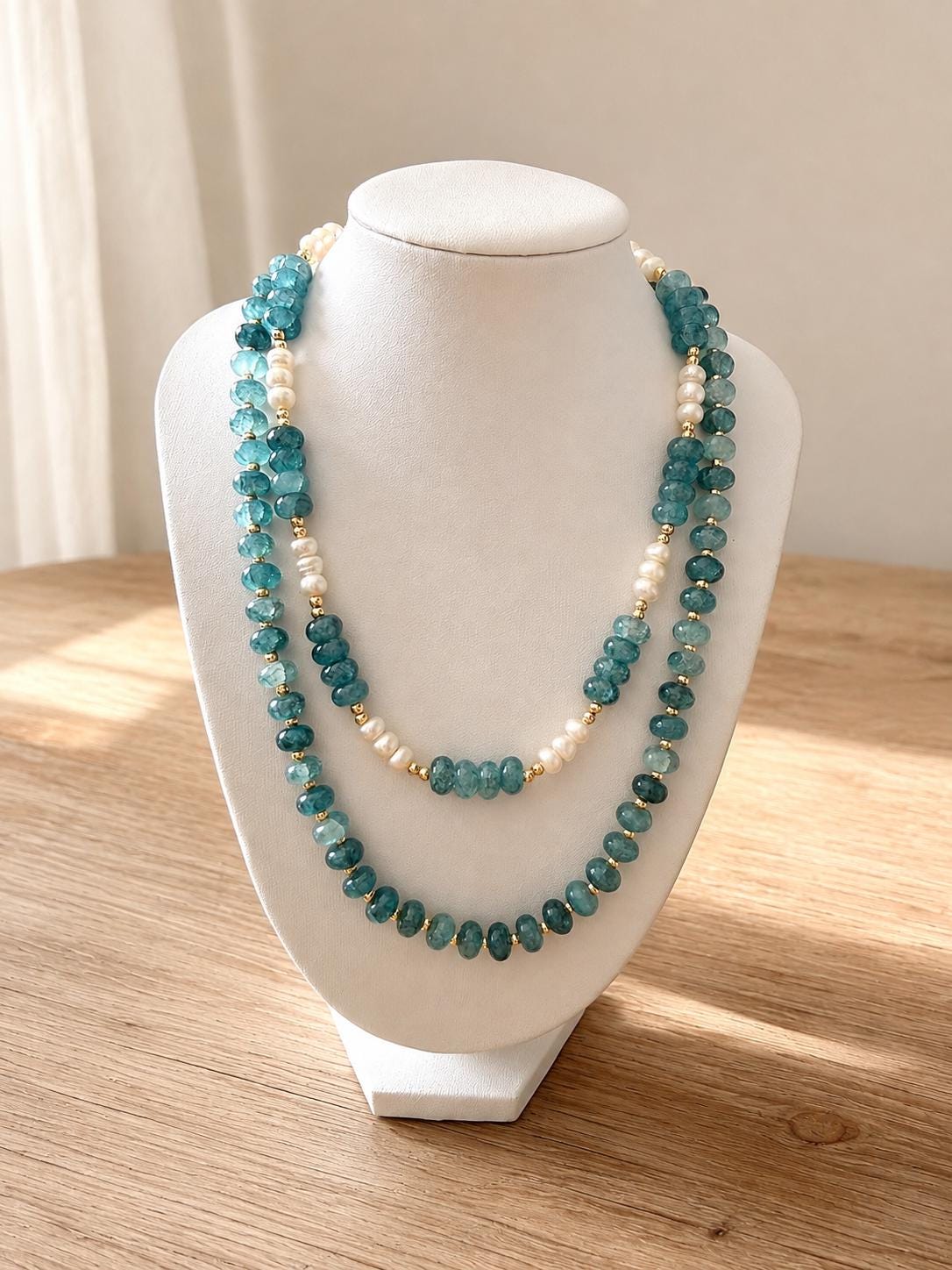 Blue Natural Stone Beaded Necklace, Ocean Inspired with Gold and Freshwater Pearl Option