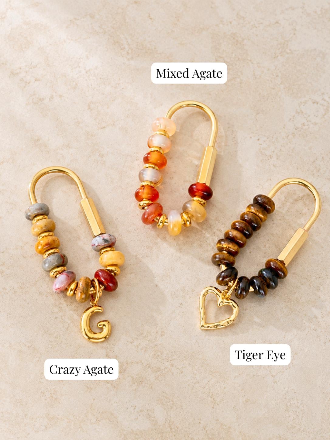 Tiger Eye Mixed Agate Bag Charm Keychain, Brown Natural Stone Purse Charm, 18k Gold Initial Charms, Beaded Carabiner, Boho Accessory