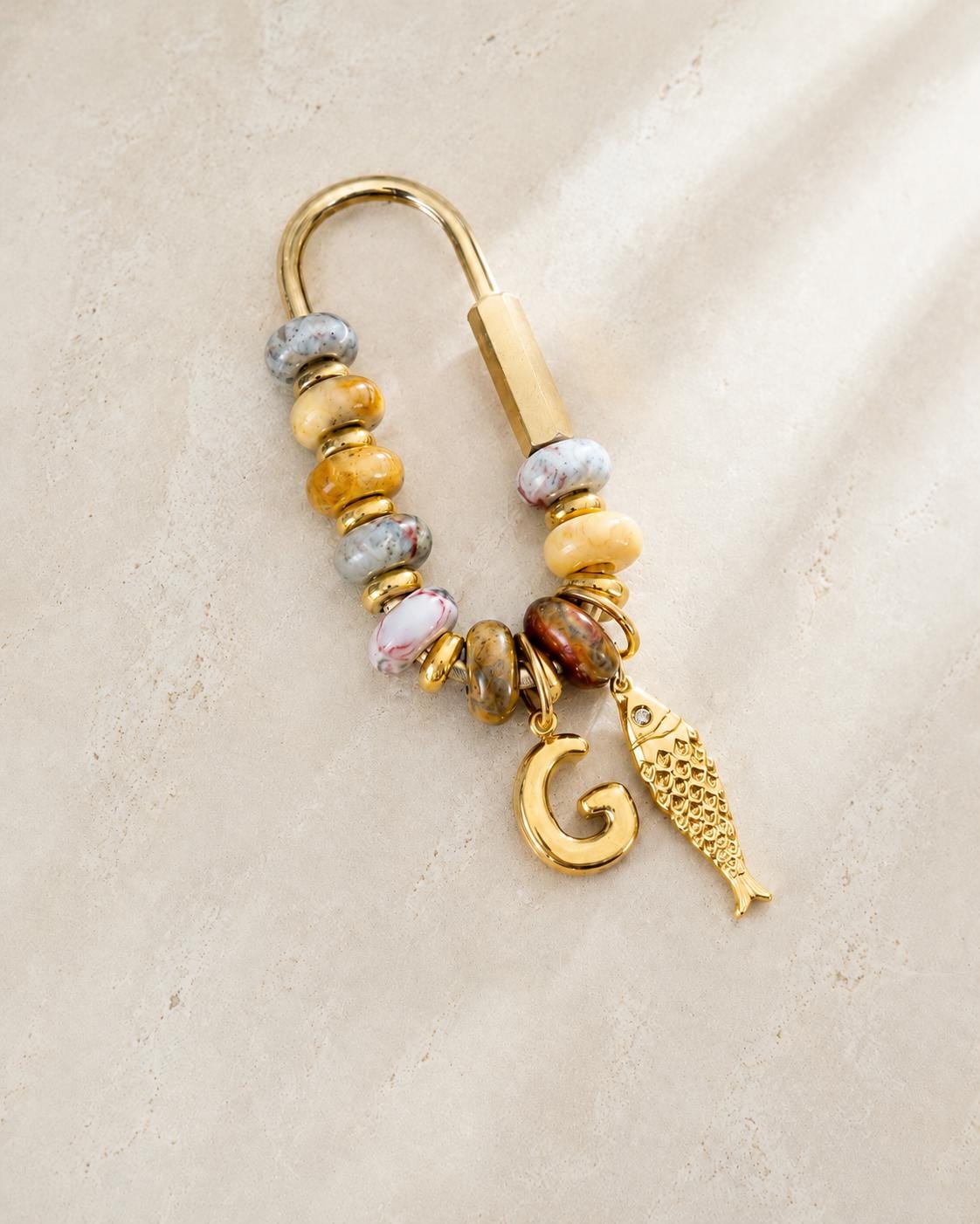 Tiger Eye Mixed Agate Bag Charm Keychain, Brown Natural Stone Purse Charm, 18k Gold Initial Charms, Beaded Carabiner, Boho Accessory