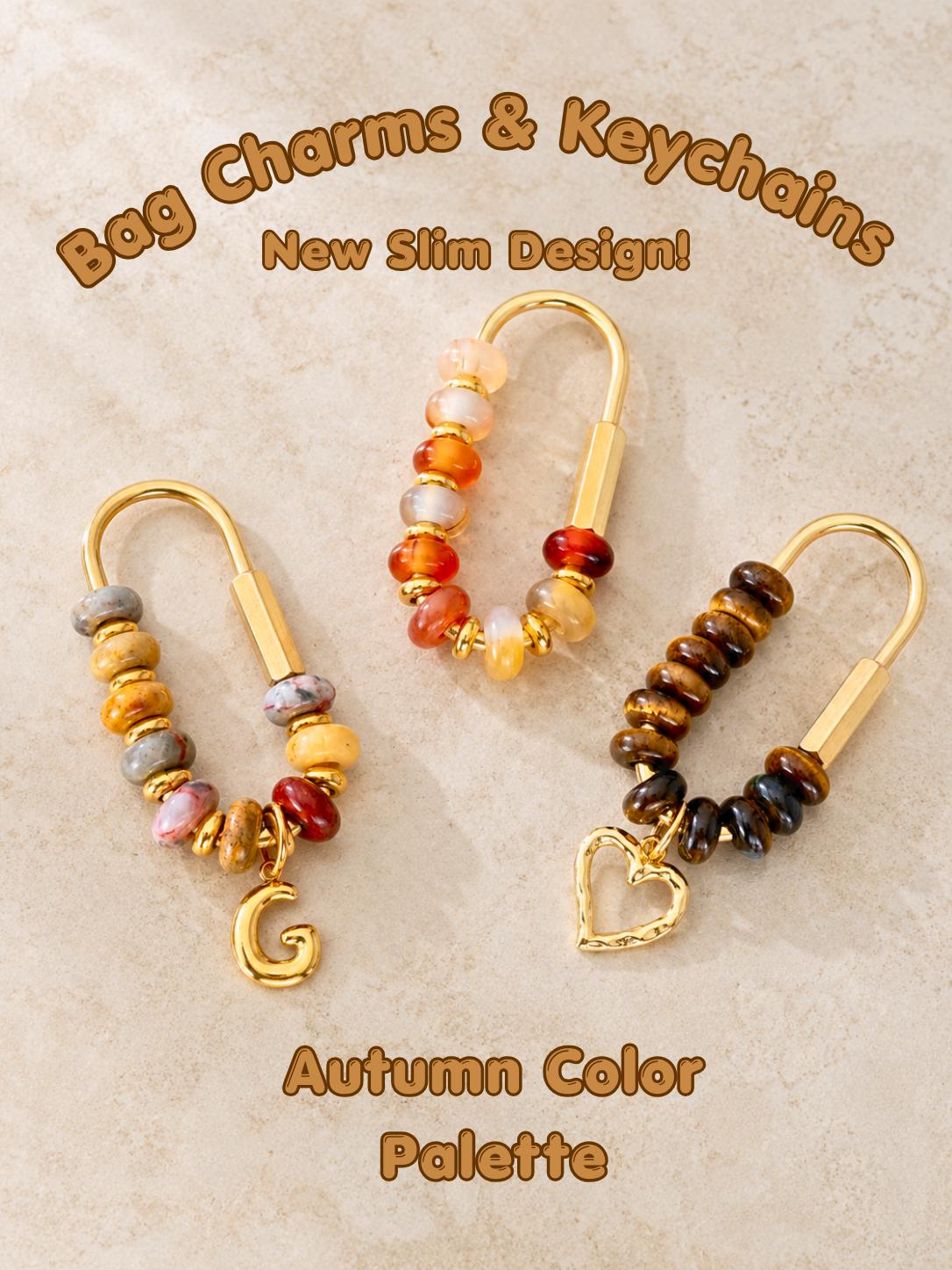 Tiger Eye Mixed Agate Bag Charm Keychain, Brown Natural Stone Purse Charm, 18k Gold Initial Charms, Beaded Carabiner, Boho Accessory