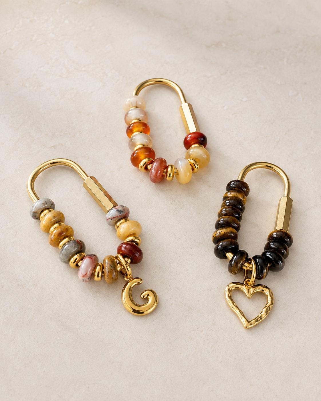 Tiger Eye Mixed Agate Bag Charm Keychain, Brown Natural Stone Purse Charm, 18k Gold Initial Charms, Beaded Carabiner, Boho Accessory
