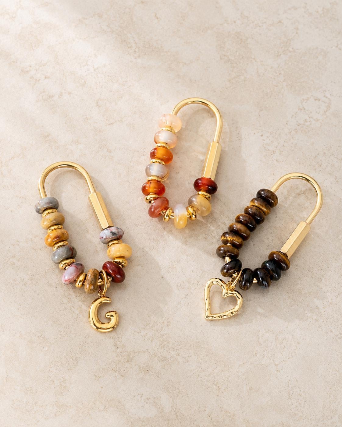 Tiger Eye Mixed Agate Bag Charm Keychain, Brown Natural Stone Purse Charm, 18k Gold Initial Charms, Beaded Carabiner, Boho Accessory