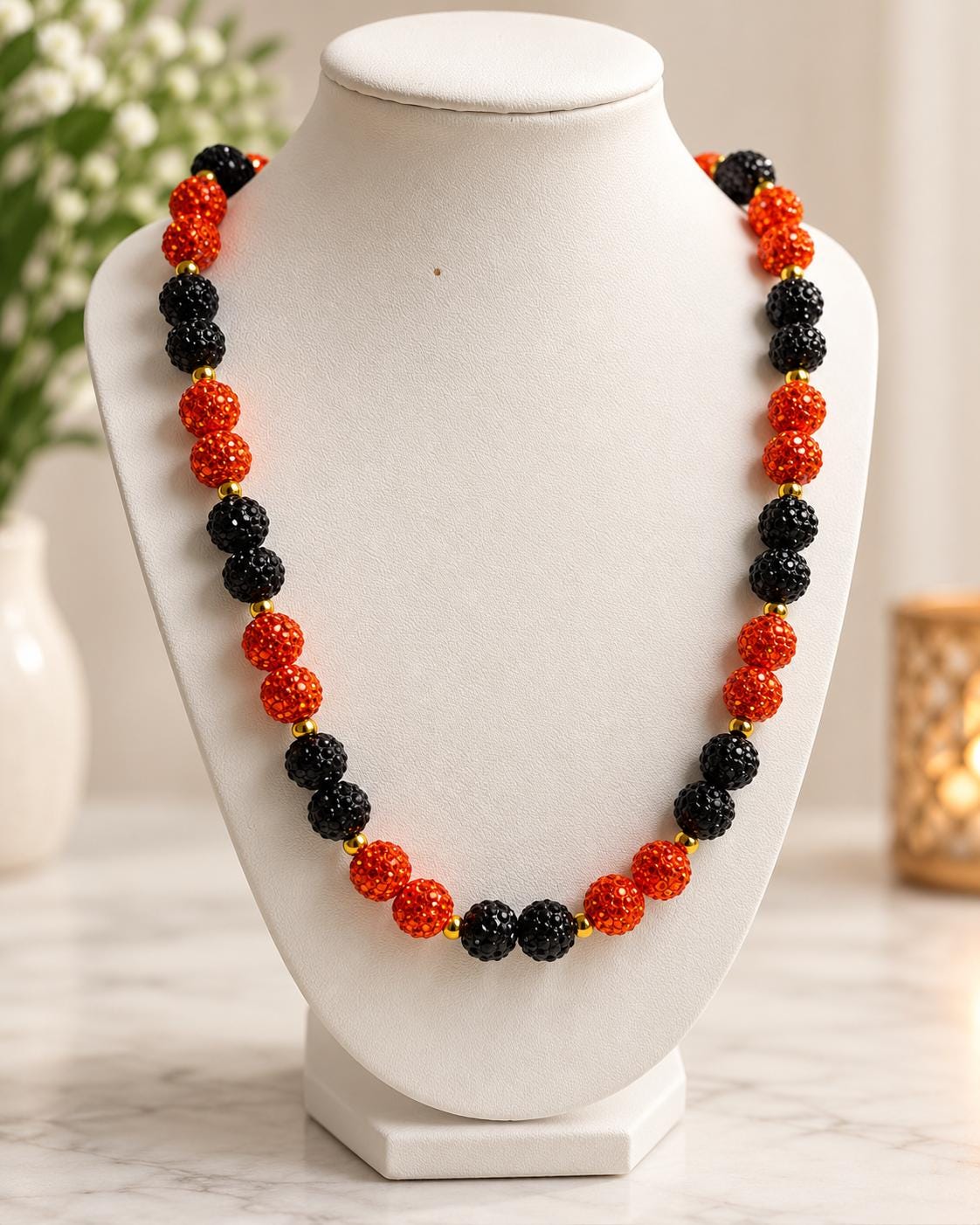 Halloween Rhinestone Necklace, Orange and Black Statement Jewelry with Gold Spacers