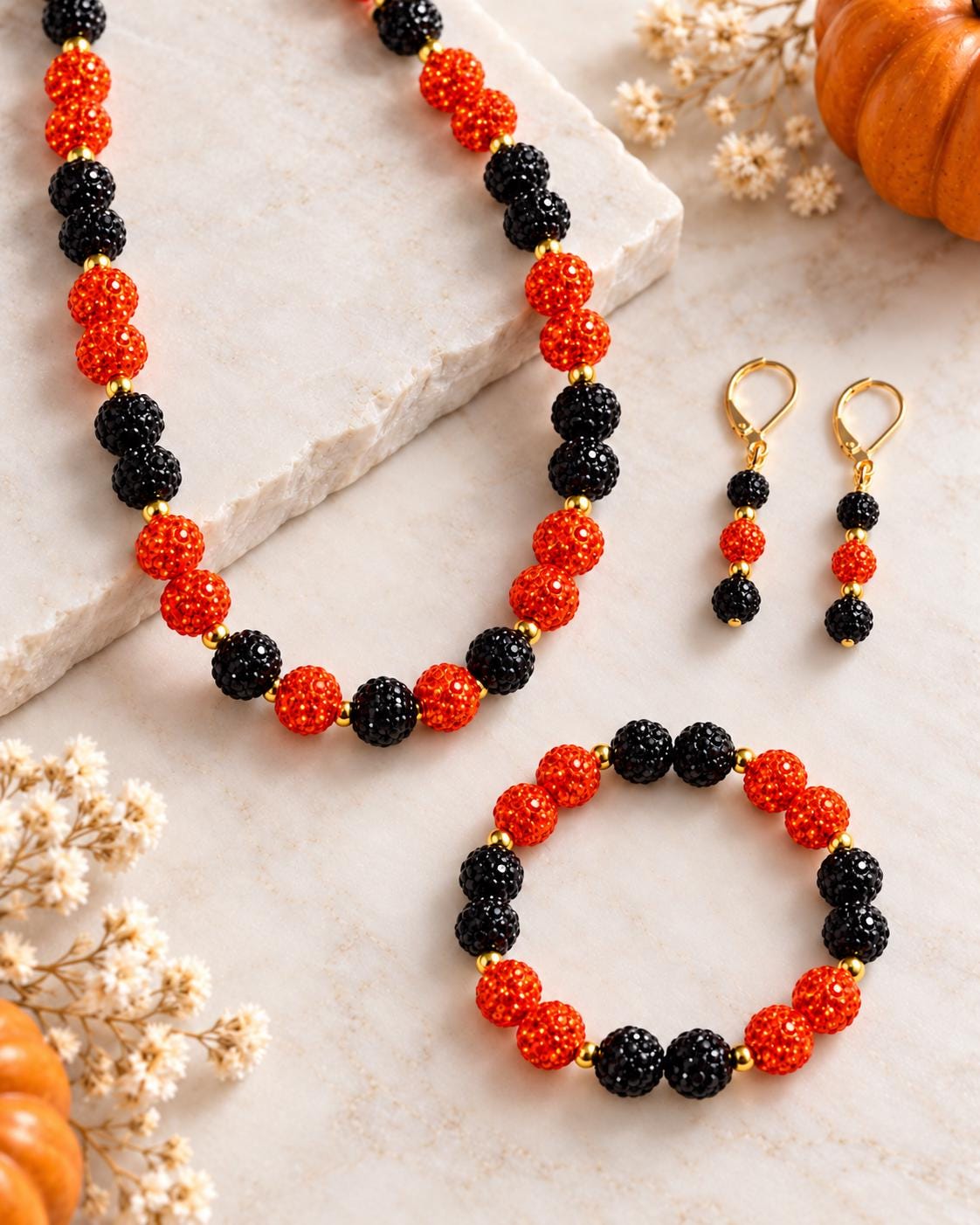Halloween Rhinestone Bracelet, Orange and Black Sparkly Jewelry with Gold Spacers