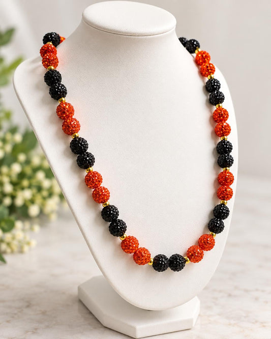 Halloween Rhinestone Necklace, Orange and Black Statement Jewelry with Gold Spacers