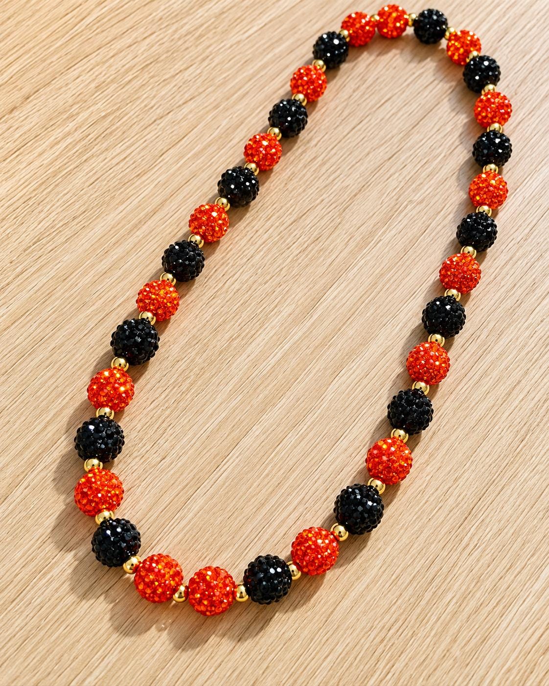 Halloween Rhinestone Necklace, Orange and Black Statement Jewelry with Gold Spacers