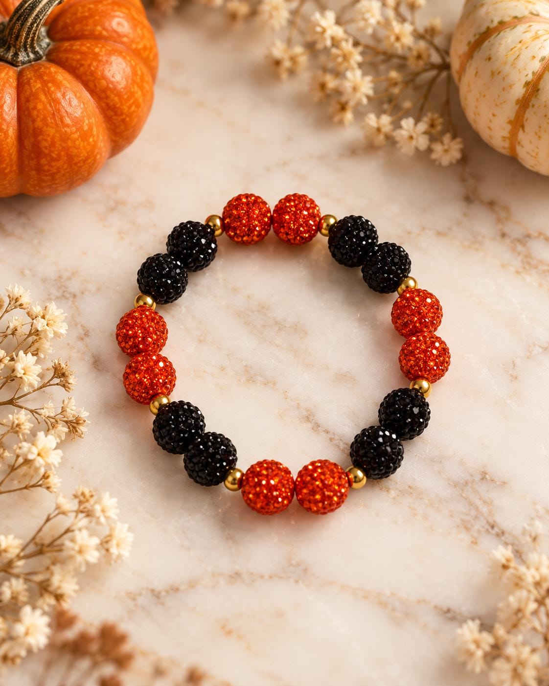 Halloween Rhinestone Bracelet, Orange and Black Sparkly Jewelry with Gold Spacers