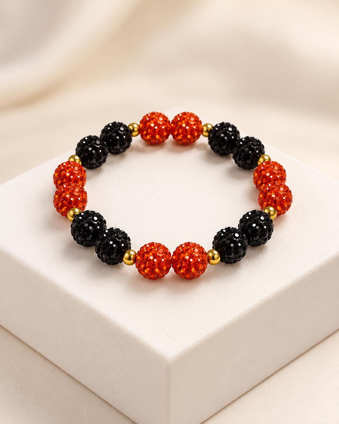 Halloween Rhinestone Bracelet, Orange and Black Sparkly Jewelry with Gold Spacers
