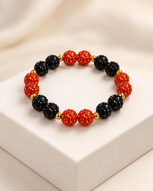 Halloween Rhinestone Bracelet, Orange and Black Sparkly Jewelry with Gold Spacers