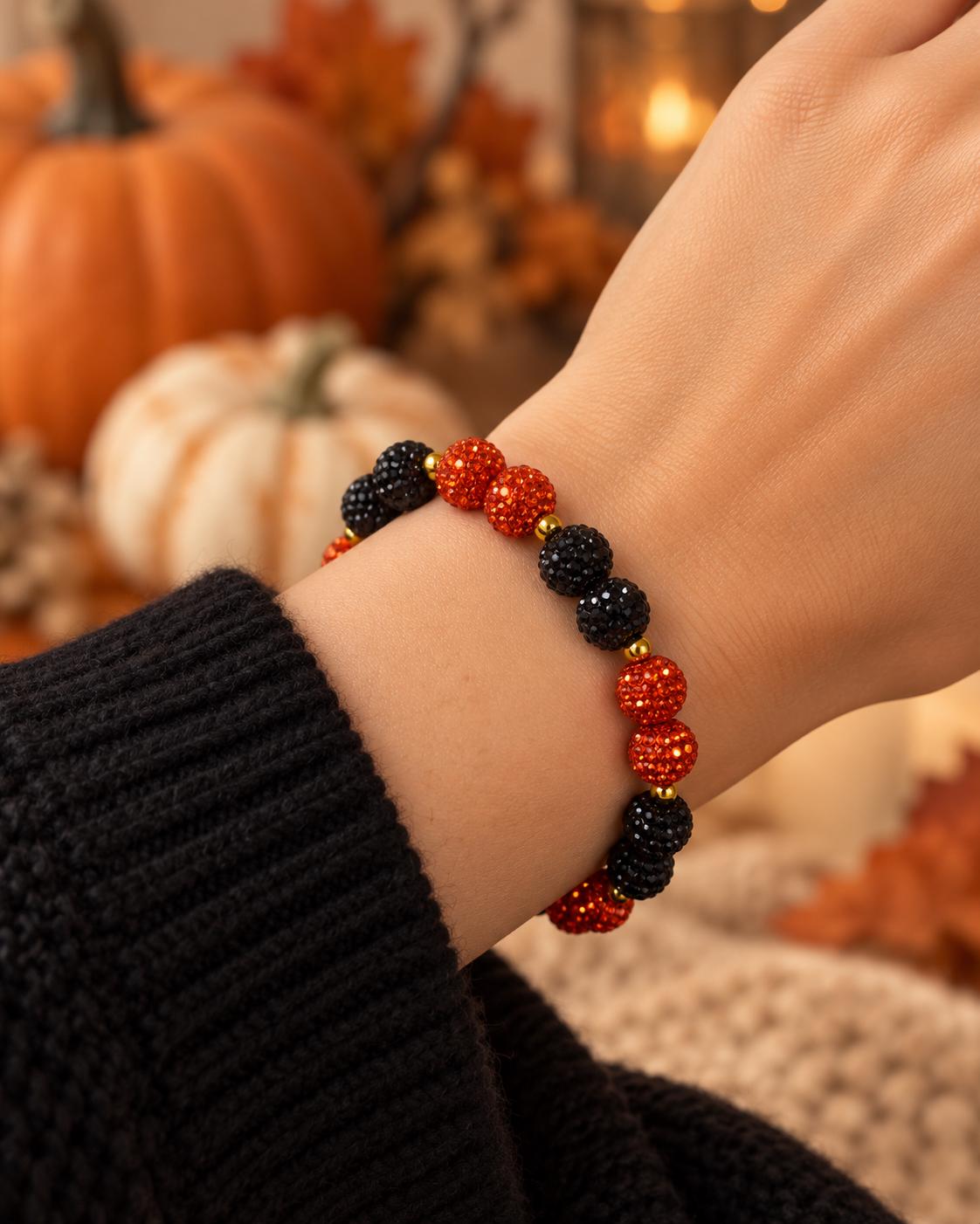 Halloween Rhinestone Bracelet, Orange and Black Sparkly Jewelry with Gold Spacers