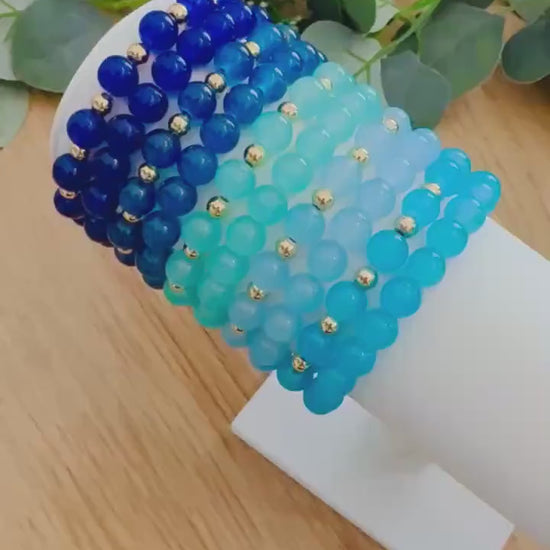 Handmade Blue Glass Beaded Bracelet: 14k Gold Filled Accents - Stretchy, No Clasp Design