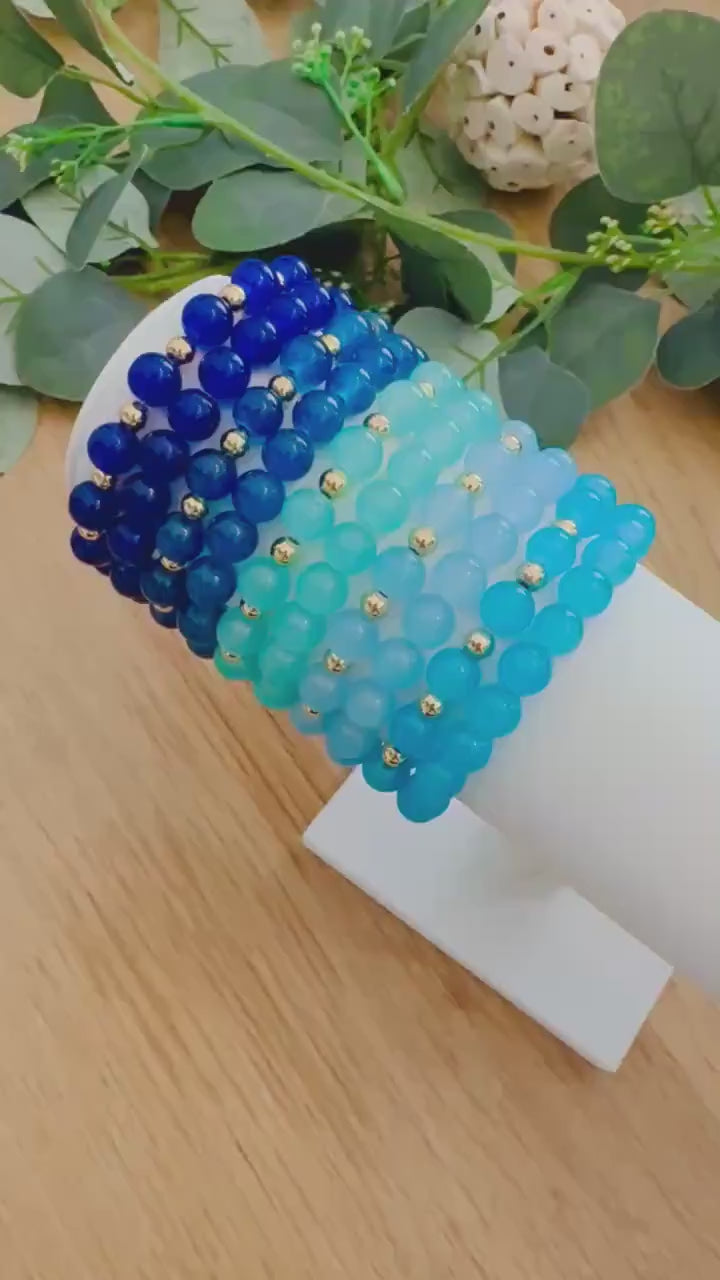 Handmade Blue Glass Beaded Bracelet: 14k Gold Filled Accents - Stretchy, No Clasp Design