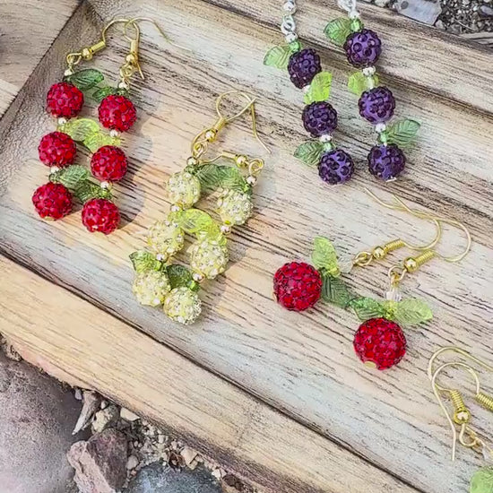 Stacked Fruit Earrings, Apple Pear Plum Earrings, Rhinestone Bead Dangles, Orchard Jewelry, Fall Teacher Gift