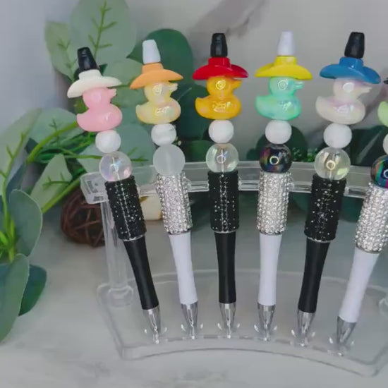 Cowboy Duck Beaded Pen, Iridescent Duck Charm Pen, Rhinestone Black or White Teacher Gift