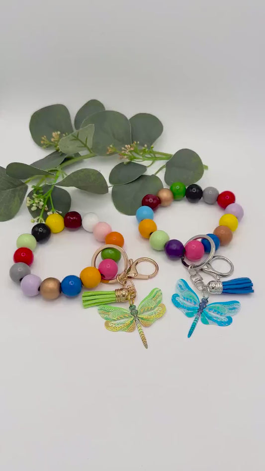 Dragonfly Stretchy Keychain Wristlets - Wooden Beads - Spring - Leather Tassel - Bag Charms - Lobster Clasp & Key Ring