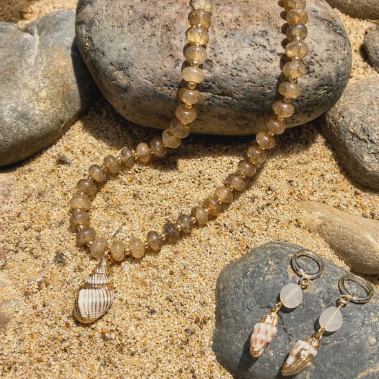 Natural Stone Beaded Necklace with Genuine Shell Charm, Brown Sand Tones, 14K Gold Accents