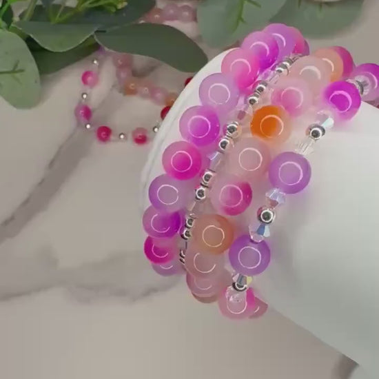 Berry Punch - Glass Bead Bracelet Stack - Multi Color & Design - Coordinating Set - Stretchy, No Clasp Design