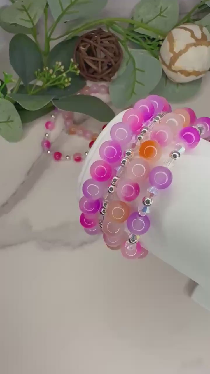Berry Punch - Glass Bead Bracelet Stack - Multi Color & Design - Coordinating Set - Stretchy, No Clasp Design