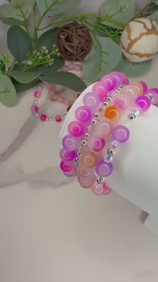 Berry Punch - Glass Bead Bracelet Stack - Multi Color & Design - Coordinating Set - Stretchy, No Clasp Design
