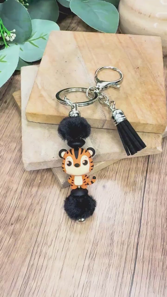 Fuzzy Tiger Keychain: Handmade Silicone Bead Animal Charm