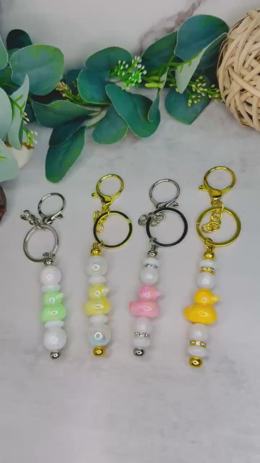 Iridescent Duck Keychain, Beaded Bag Charm with Gold or Silver Hardware, Cute Backpack Charm