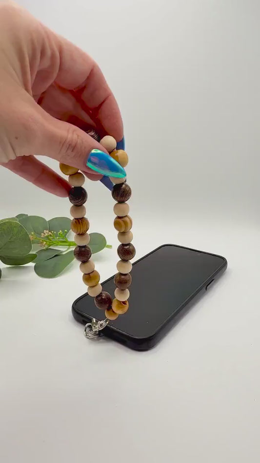 Boho Wood Bead Phone Wristlet, Natural Pastel Wooden Keychain Charm, Stretchy Wrist Strap for Keys, Teacher Lanyard, Water Bottle Band