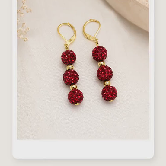 Red Rhinestone Drop Earrings, Gold Spacer Beaded Dangle Earrings, 2 Inch Hypoallergenic Gold Sparkle Jewelry Gift
