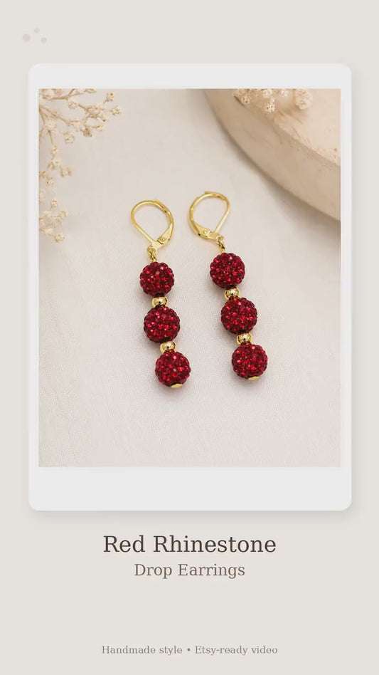Red Rhinestone Drop Earrings, Gold Spacer Beaded Dangle Earrings, 2 Inch Hypoallergenic Gold Sparkle Jewelry Gift