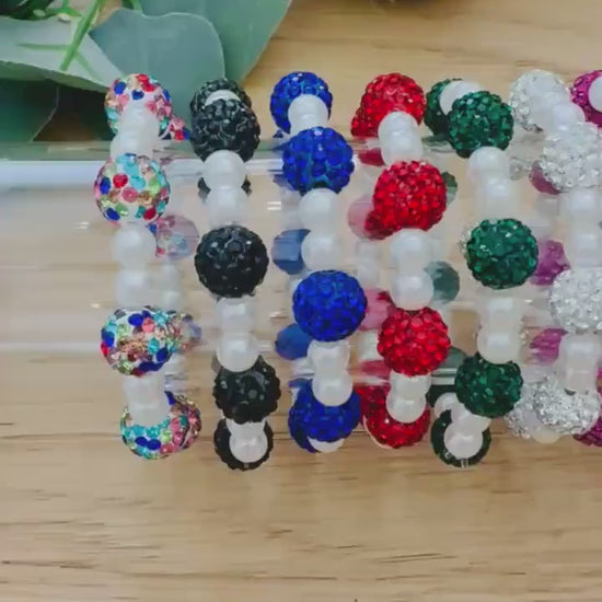 Mix and Match - Rhinestone Shamballa Pearl Bracelets - Various Colors & Sizes - Stretchy, No Clasp Design