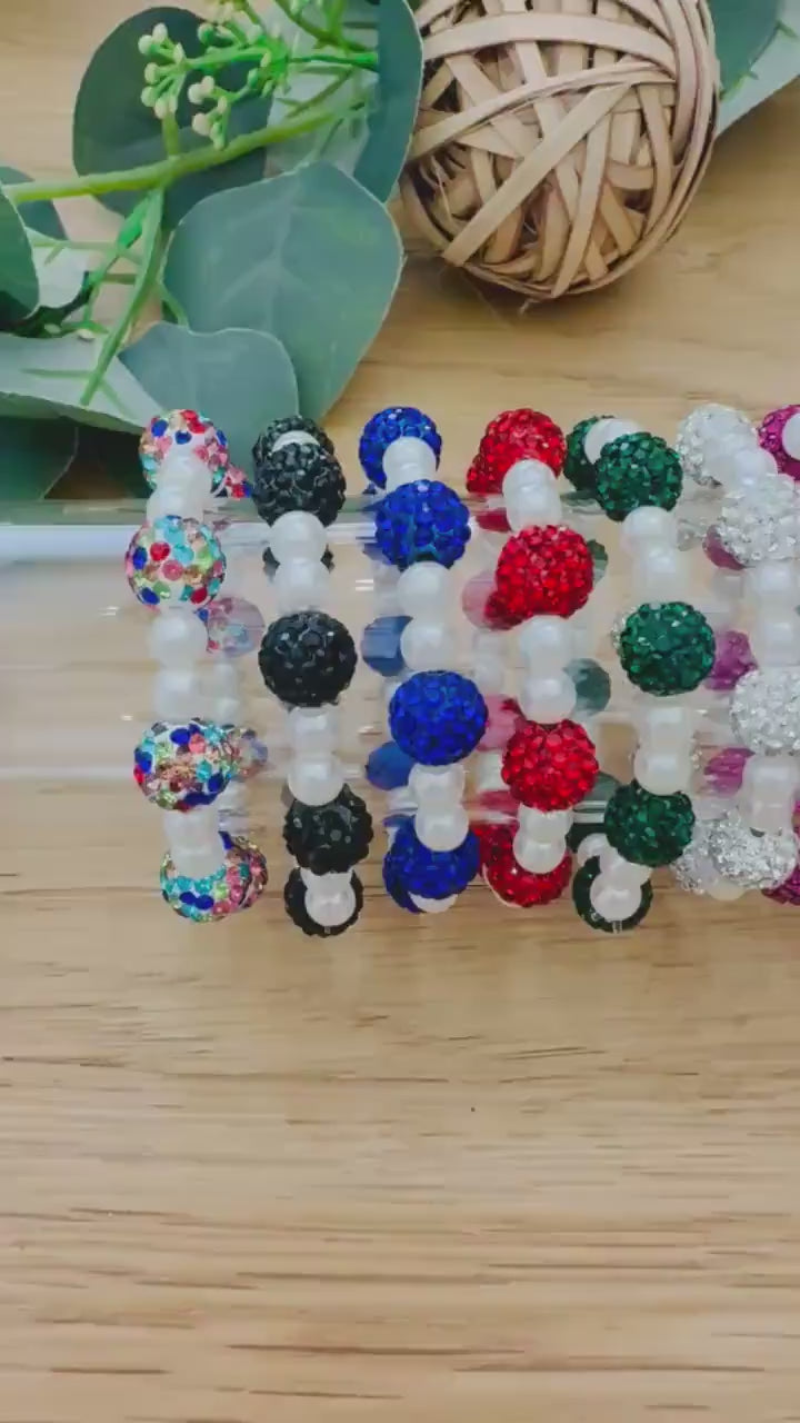 Mix and Match - Rhinestone Shamballa Pearl Bracelets - Various Colors & Sizes - Stretchy, No Clasp Design