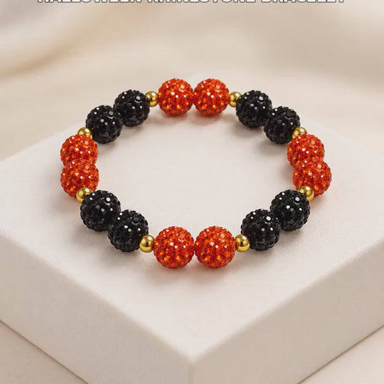 Halloween Rhinestone Bracelet, Orange and Black Sparkly Jewelry with Gold Spacers