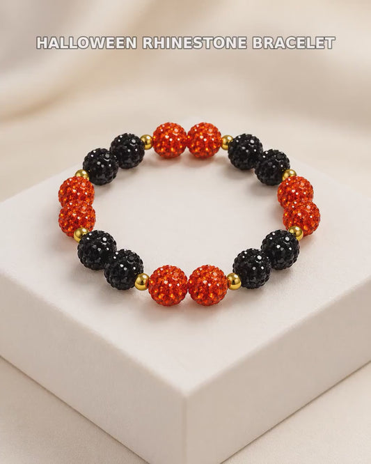 Halloween Rhinestone Bracelet, Orange and Black Sparkly Jewelry with Gold Spacers