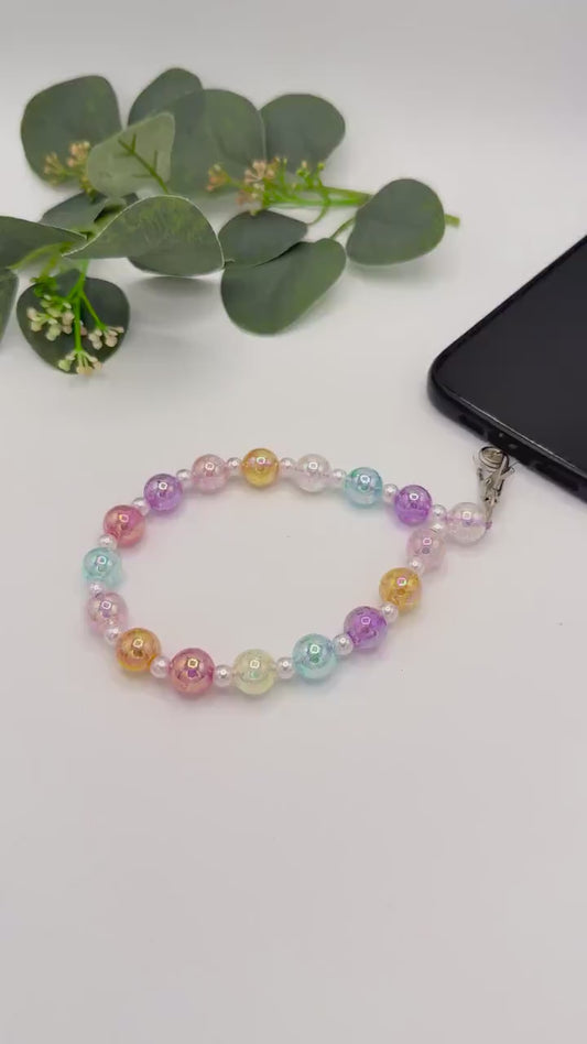 Pastel Beaded Wristlet, Stretchy Phone Charm Keychain, Cute Bead Key Ring, Bag Charm Gift for Her