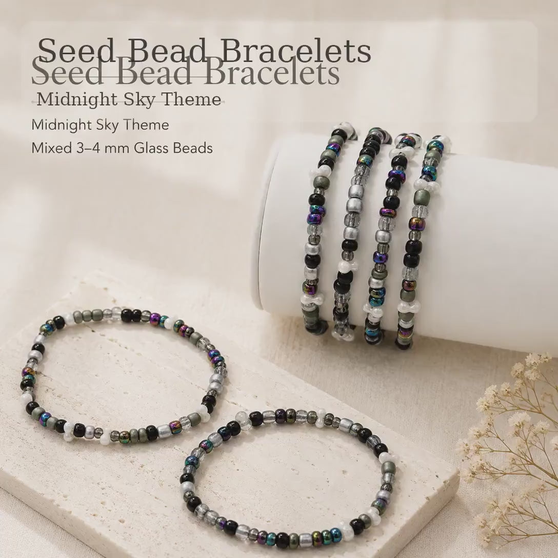 Midnight Sky Glass Seed Bead Bracelet, Iridescent Black Gray White, 3-4mm mixed bead