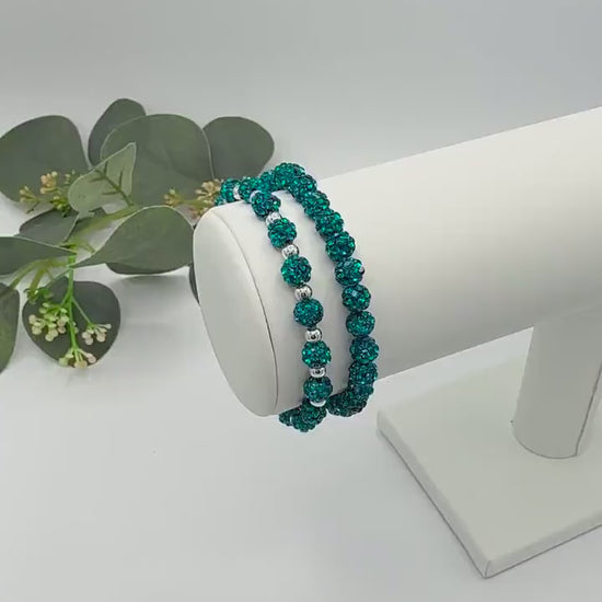 Trendy Teal Sparkly Bracelet: Rhinestones and Silver Spacers - 6mm Bead Size - Various Designs - Stretchy, No Clasp Design
