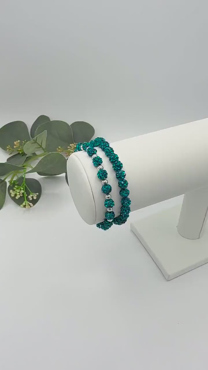 Trendy Teal Sparkly Bracelet: Rhinestones and Silver Spacers - 6mm Bead Size - Various Designs - Stretchy, No Clasp Design