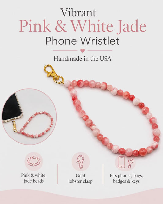 Pink Jade Stone Phone Strap, Natural Gemstone Phone Wristlet, Genuine Jade Crystal Phone Charm, Luxury Stone Wrist Strap, Gift for Her