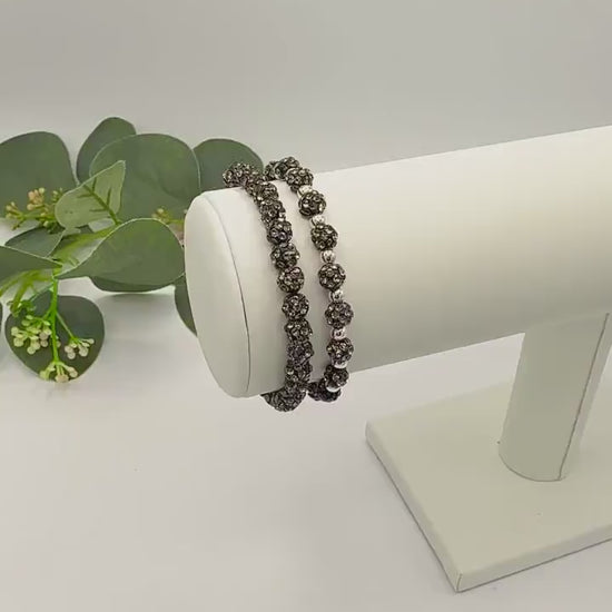 Gunmetal Grey: Rhinestone & Silver Beaded Bracelet - 6mm Bead Size - Various Designs - Stretchy, No Clasp Design