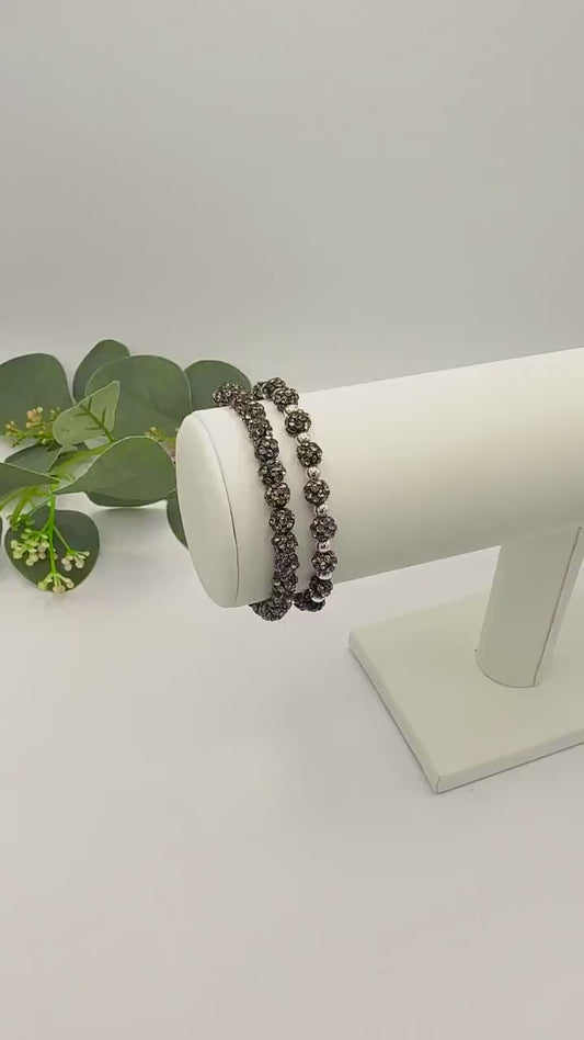 Gunmetal Grey: Rhinestone & Silver Beaded Bracelet - 6mm Bead Size - Various Designs - Stretchy, No Clasp Design