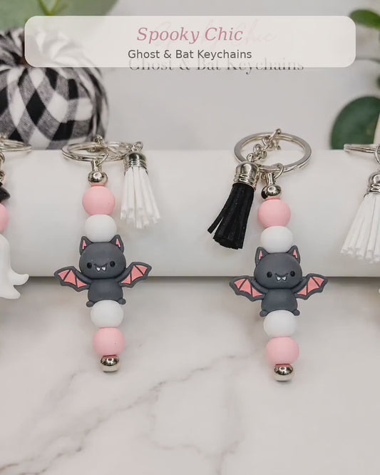 Halloween Ghost and Bat Keychain, Spooky Cute Silicone Bead Bag Charm, Fall Purse Accessory, Kawaii Planner Charm, Handmade Goth Gift