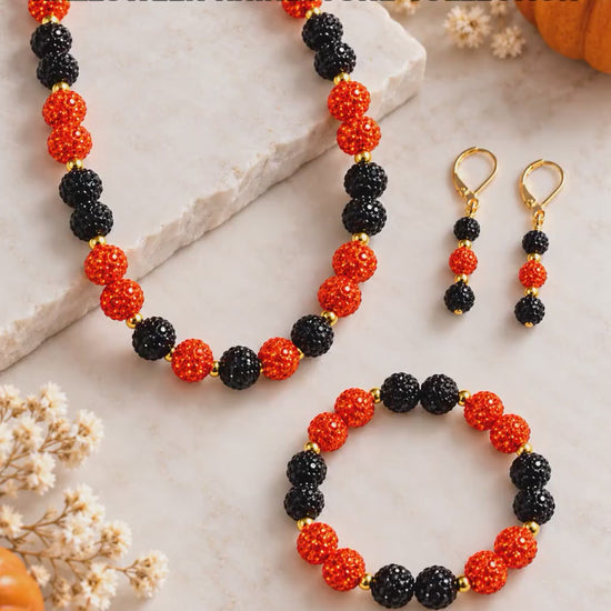 Halloween Rhinestone Necklace, Orange and Black Statement Jewelry with Gold Spacers