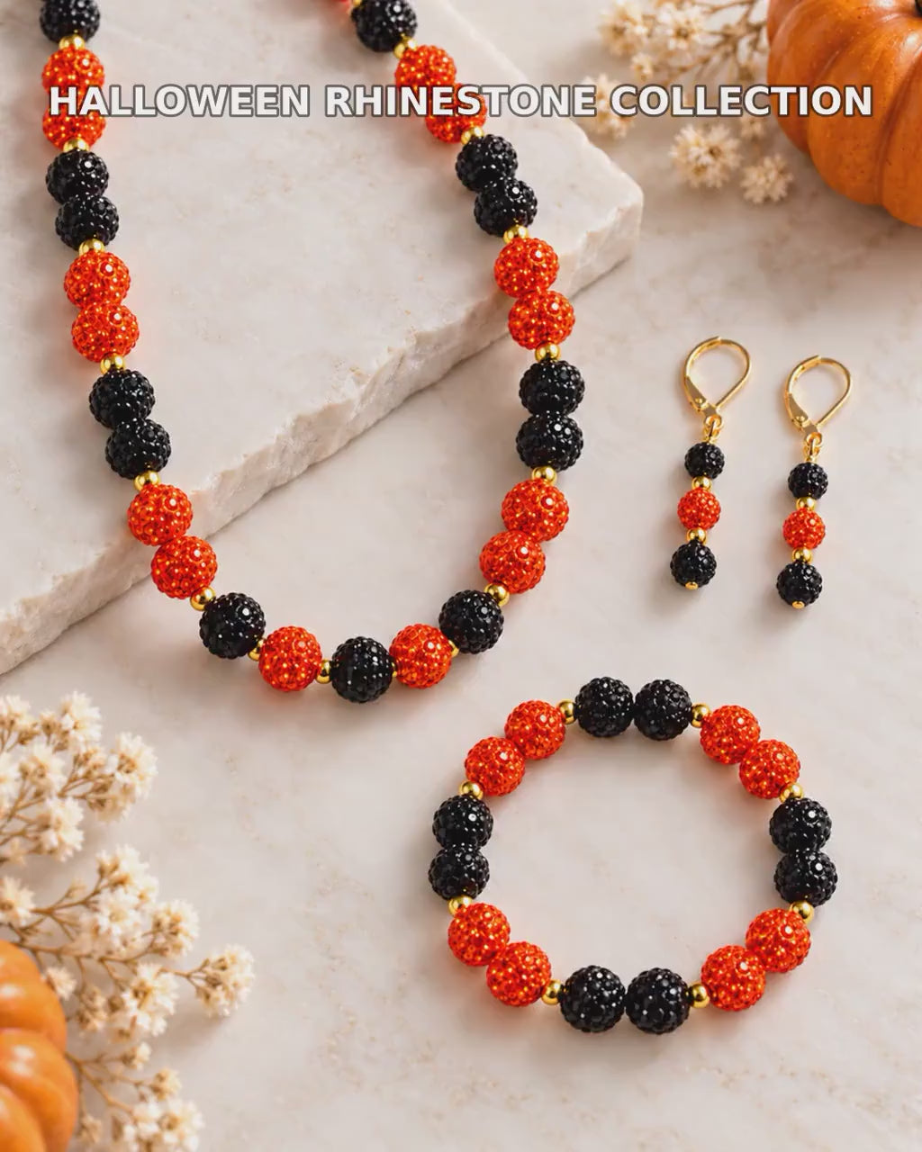 Halloween Rhinestone Necklace, Orange and Black Statement Jewelry with Gold Spacers