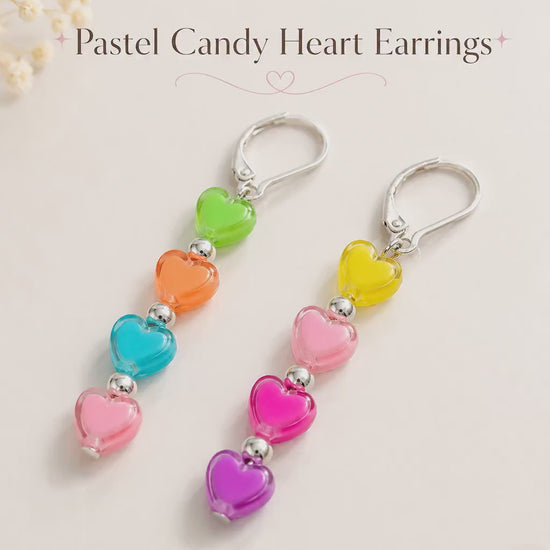Pastel Candy Heart Earrings, Y2K Coquette Jewelry, Hypoallergenic Silver Leverback Dangle, Sweet Conversation Heart Gift, Kawaii Drop