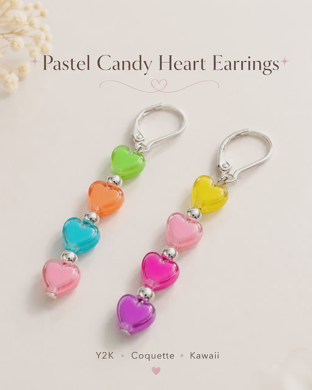 Pastel Candy Heart Earrings, Y2K Coquette Jewelry, Hypoallergenic Silver Leverback Dangle, Sweet Conversation Heart Gift, Kawaii Drop