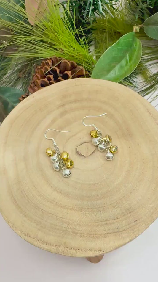 Gold Silver Jingle Bell Earrings, Christmas Bell Dangle Earrings, 4cm Sterling Silver Holiday Jewelry Gift
